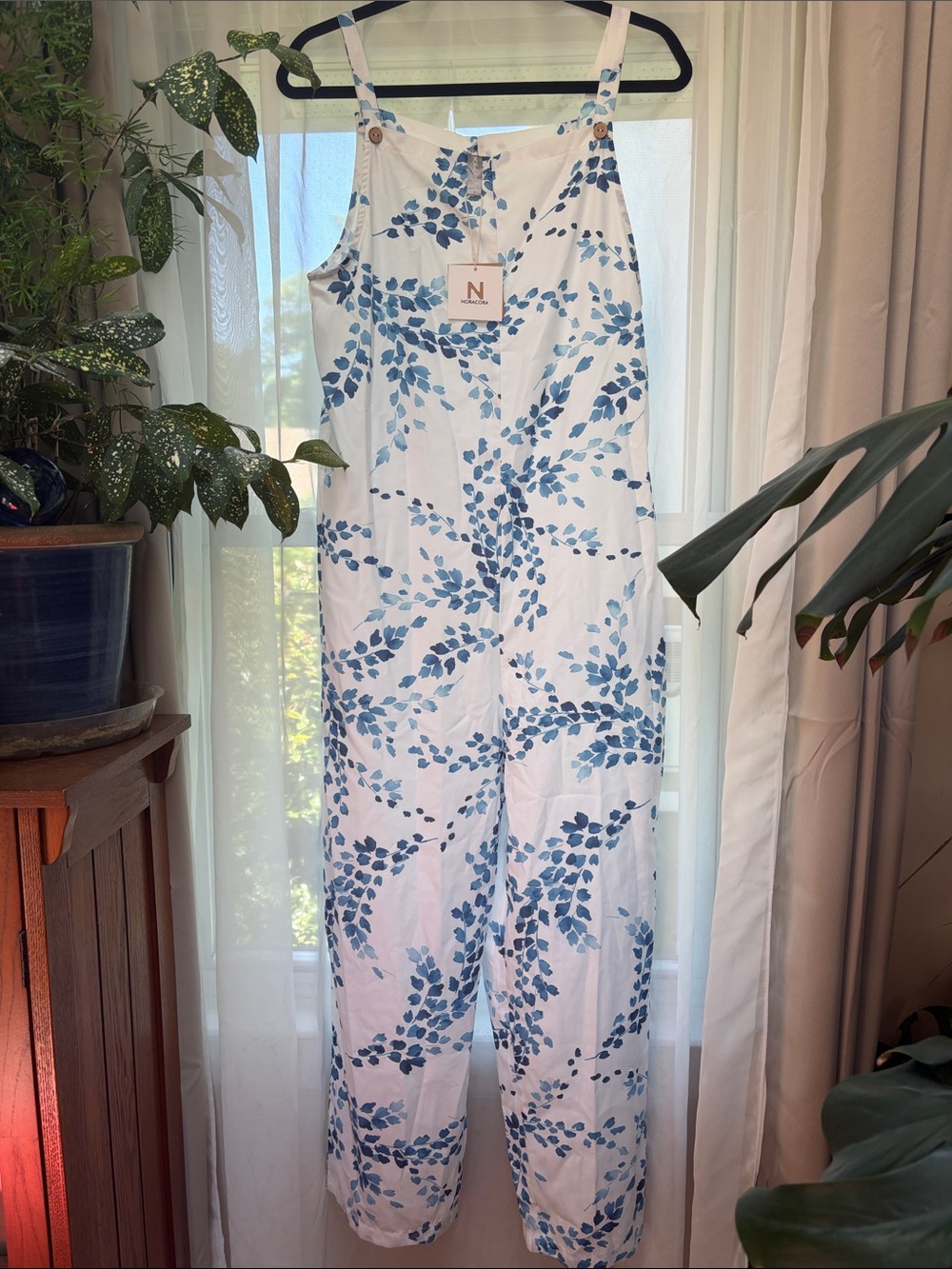 Nora Cora Navy Leaf-Print White Jumpsuit nwt